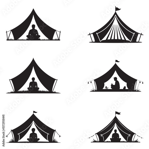 Minimalist Black Tent Silhouette Vector on White Background – Outdoor Camping Design for Adventure Projects with Dome, Ridge, A-Frame, and Tunnel Tent Styles. Thank You . 