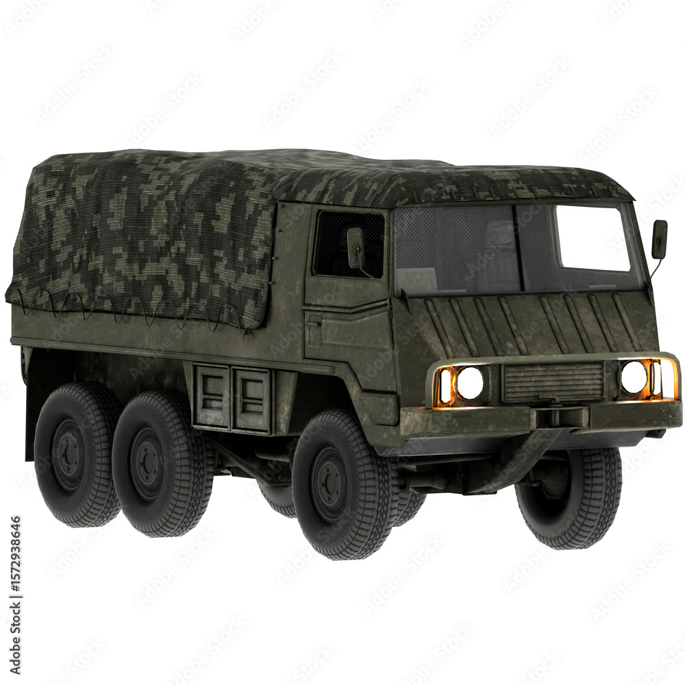 Obraz premium 3d render military truck camouflage transport vehicle green with transparent background