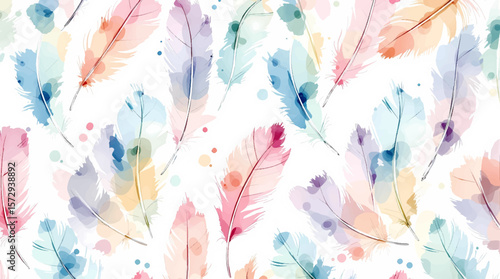 Hand painted watercolor feathers pattern on minimal white background composition