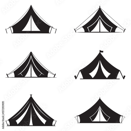 Minimalist Black Tent Silhouette Vector on White Background – Outdoor Camping Design for Adventure Projects with Dome, Ridge, A-Frame, and Tunnel Tent Styles. Thank You . 
