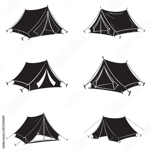 Minimalist Black Tent Silhouette Vector on White Background – Outdoor Camping Design for Adventure Projects with Dome, Ridge, A-Frame, and Tunnel Tent Styles. Thank You . 