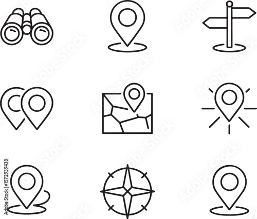 Navigational Icon Set Exploring Journey Essentials, Including Binoculars, Map Markers, Compass, and Signpost Symbols for Orientation and Adventure Planning, a Comprehensive Collection