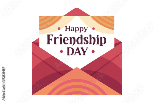 A warm and inviting illustration celebrating happy friendship day with a stylized open envelope and colorful abstract design elements