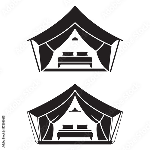 Minimalist Black Tent Silhouette Vector on White Background – Outdoor Camping Design for Adventure Projects with Dome, Ridge, A-Frame, and Tunnel Tent Styles. Thank You . 