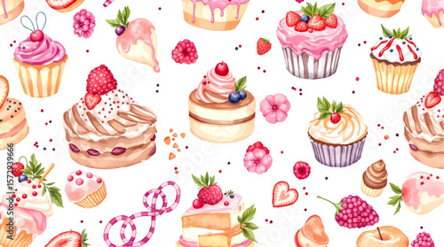 Watercolor Sweet desserts pattern on white background, seamless pattern with cupcakes