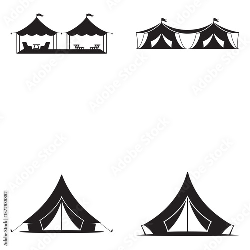 Minimalist Black Tent Silhouette Vector on White Background – Outdoor Camping Design for Adventure Projects with Dome, Ridge, A-Frame, and Tunnel Tent Styles. Thank You . 