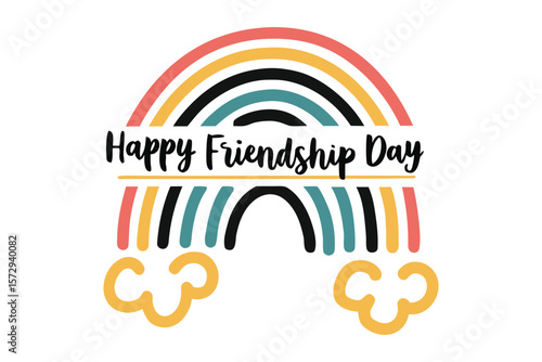 Happy friendship day greeting with a colorful rainbow and fluffy clouds celebrating bonds of friendship and togetherness