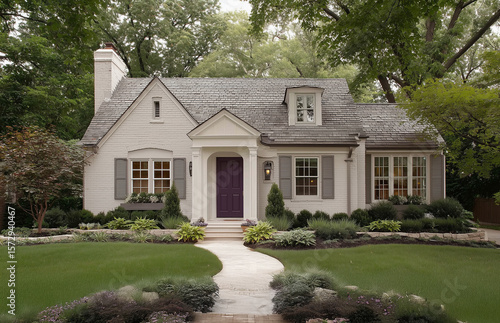 a suburban home exterior with a purple front door, and landscaping that utilizes chipped white marble rock - painted brick, midwestern traditional architecture.