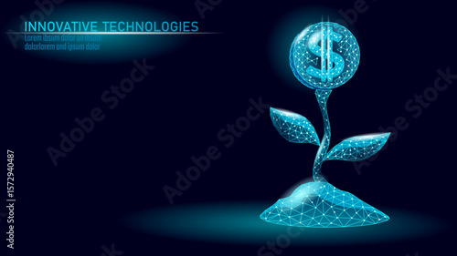 Money plant illustration depicting growth. Growing finances concept visualization. Investment economy banking business success applications. Polygonal style teal blue background vector