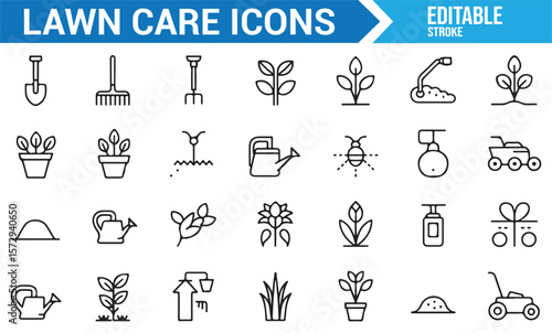 Gardening, Plant Care, and Lawn Care Tools Icons for Outdoor and Home Gardening