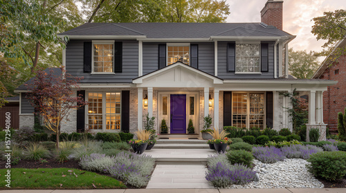Wallpaper Mural a suburban home exterior with a purple front door, and landscaping that utilizes chipped white marble rock, exterior view, daytime - purple lavender landscaping with rocks - lifestyle, purple door Torontodigital.ca