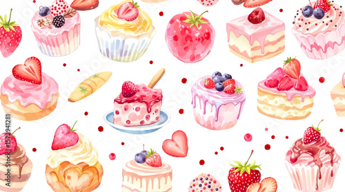 Watercolor Sweet desserts pattern on white background