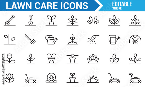 Set of Lawn Care, Planting, and Gardening Symbols for Yard and Garden Maintenance