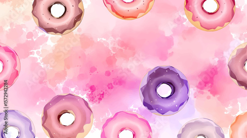 Watercolor background pattern donuts on white background