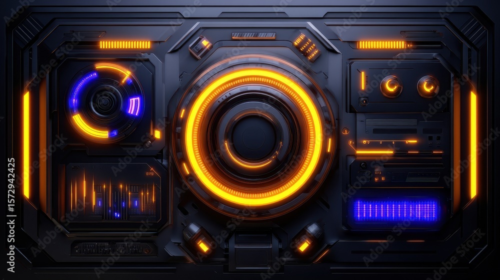 Fototapeta premium Futuristic control panel featuring glowing orange and blue elements with intricate designs