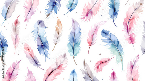 Watercolor background pattern feathers on white background