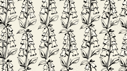 Monochrome botanical pattern featuring foxglove flowers and foliage in a repeating arrangement style design