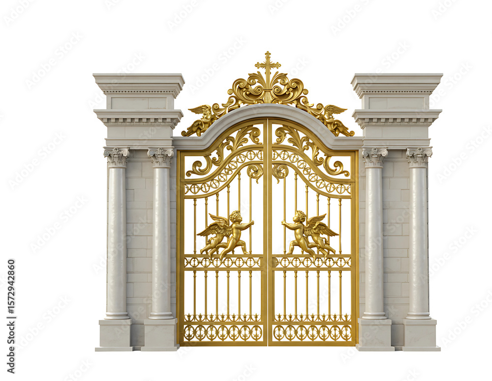 Fototapeta premium Ornate beige ornate metal gate with decorative scrollwork and pillars
