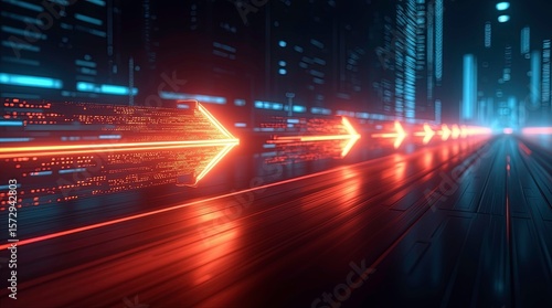 A futuristic red arrows smashing through a digital barrier, representing innovation, discipline and breakthrough