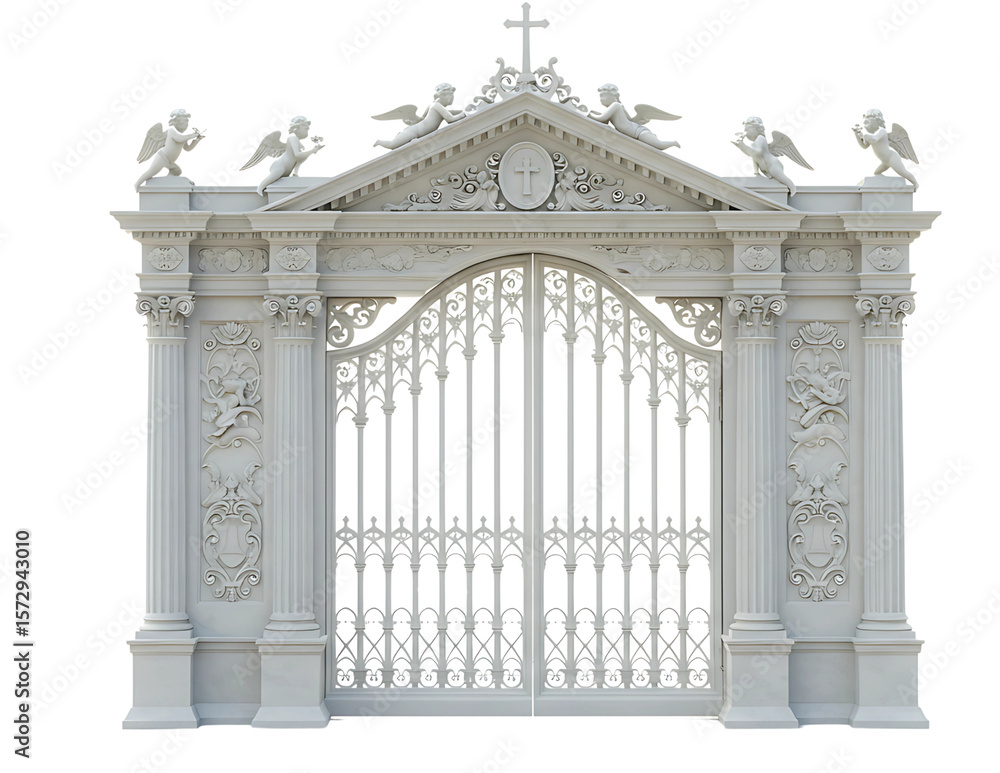 Obraz premium Ornate beige ornate metal gate with decorative scrollwork and pillars