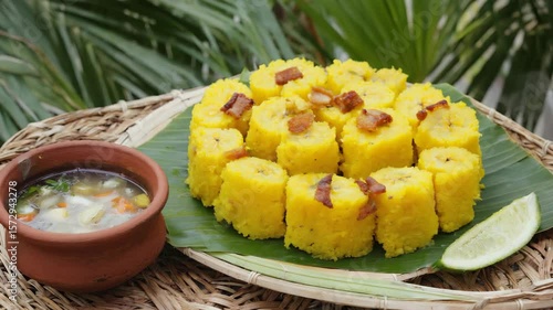 Mofongo Puerto Rican , mashed plantains with garlic and pork cracklings, served with a savory broth, vibrant tropical setting with natural sunlight
