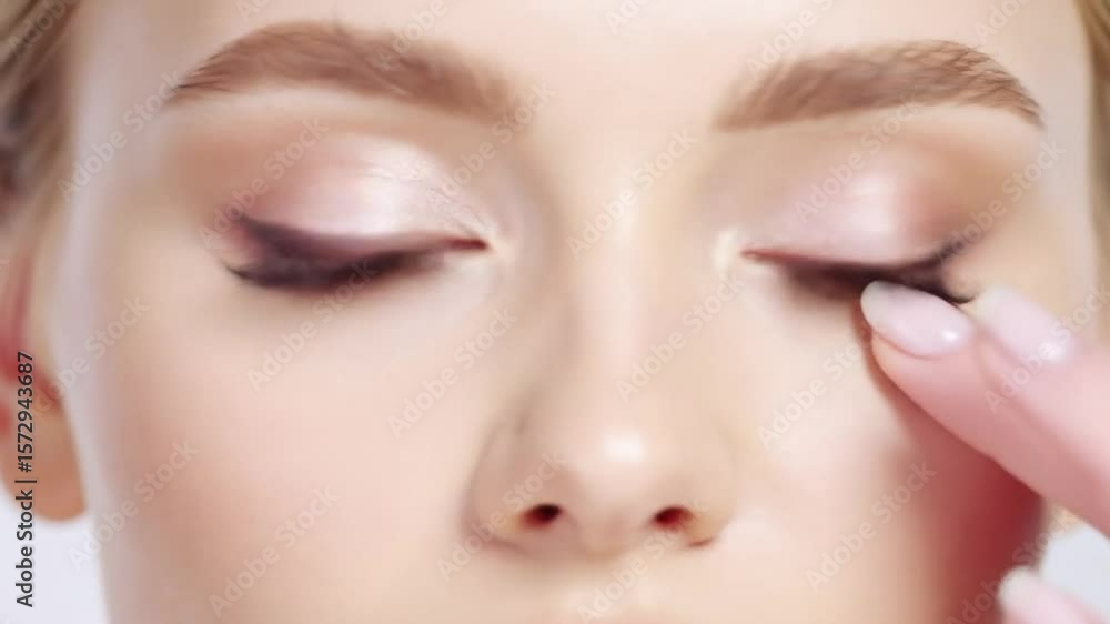 Close-up view of a person's face, focusing on the eye and hand Close-up view of a person's face, focusing on the eye and hand