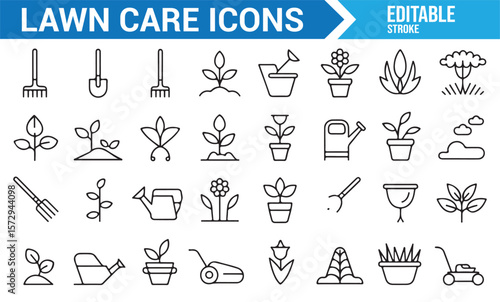 Set of Lawn Care, Gardening, and Plant Care Icons for Outdoor Maintenance