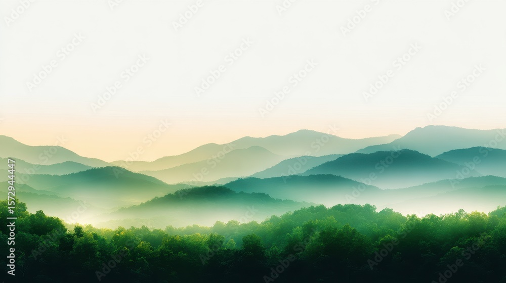 Fototapeta premium Serene mountain landscape at dawn with layered hills and soft mist enveloping the valleys