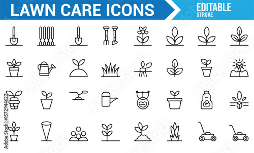 Gardening and Lawn Care Icons for Planting, Watering, and Lawn Maintenance