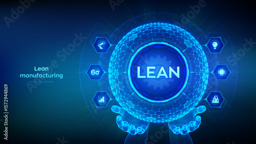 Lean. Six sigma smart industry, quality control, standardization. Lean manufacturing DMAIC. Business and industrial process optimisation concept. Hexagonal grid sphere in wireframe hands. Vector.