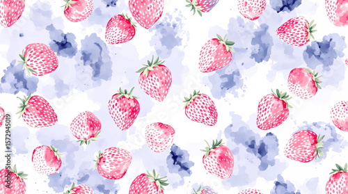 Watercolor pattern with ripe strawberries on a white background