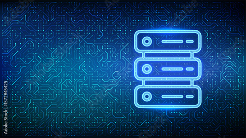 Server icon. Computer server and data storage background. Server hosting. Database storage. Data center. Circuit board pattern. PCB printed circuit texture. Vector illustration.