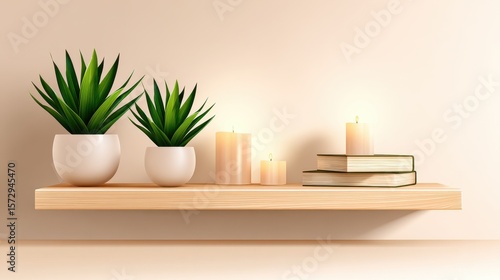 Wallpaper Mural A serene shelf display featuring green plants, lit candles, and stacked books against a soft background Torontodigital.ca