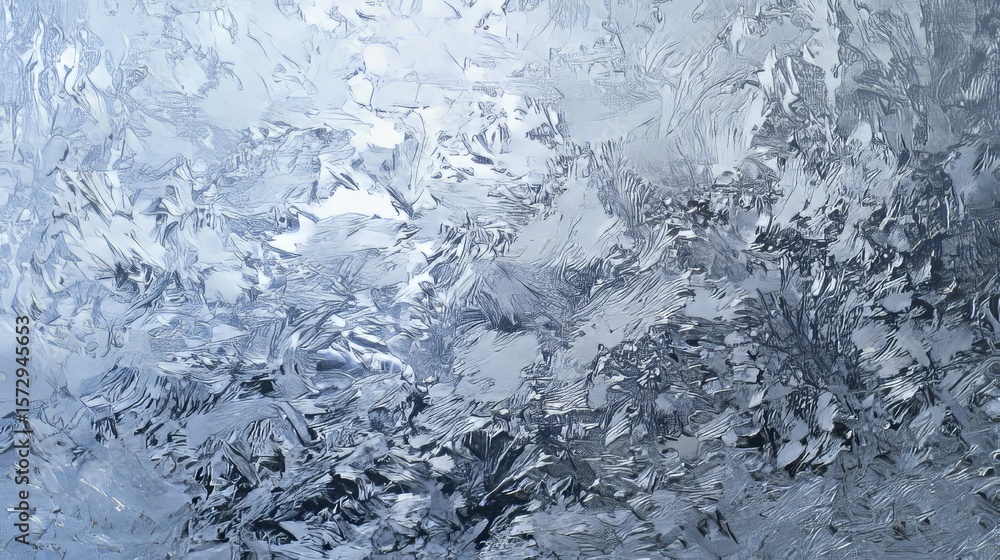 Fototapeta premium Frozen cracked ice texture with natural frosty patterns in blue tones. Abstract winter background perfect for seasonal designs, banners, wallpapers, packaging, or digital presentations