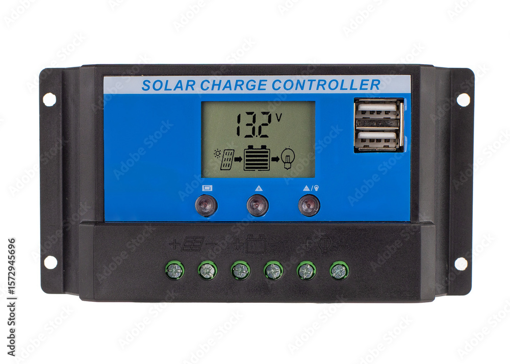 Fototapeta premium Electronic solar charge controller with digital screen and USB ports isolated on white background