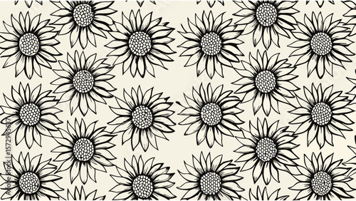 Repeating pattern of hand drawn sunflowers with black outlines and white centers filling the frame view