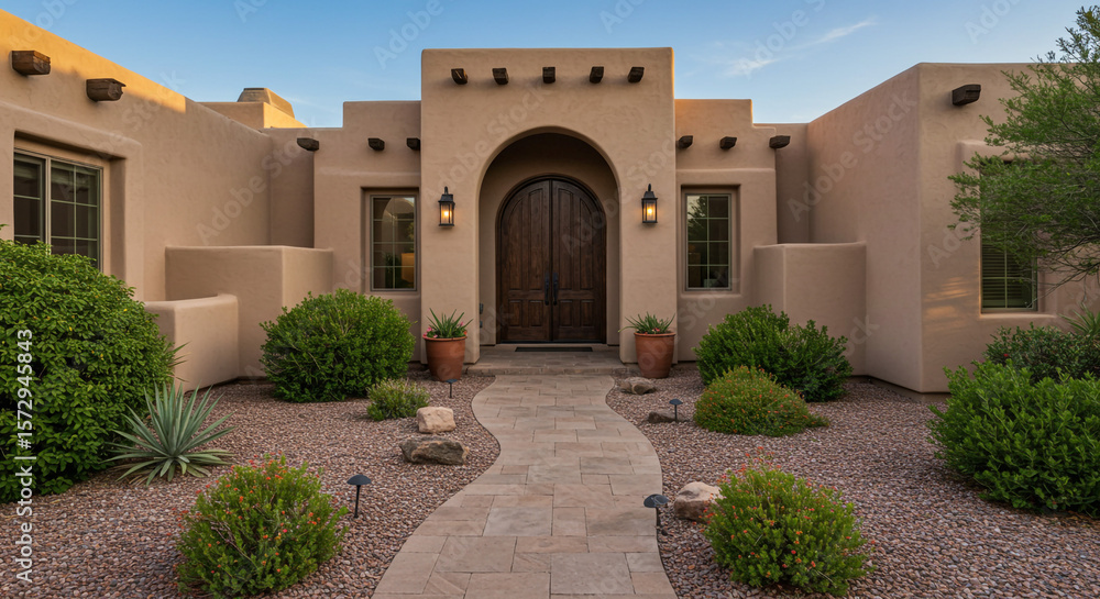 Fototapeta premium Luxury santa fe style home with landscaped front yard and arched wooden door entry