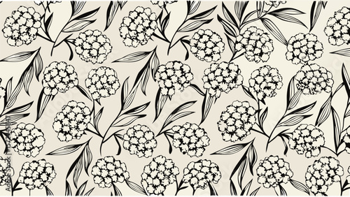 Floral pattern featuring clusters of small flowers and elongated leaves in a monochrome color scheme design