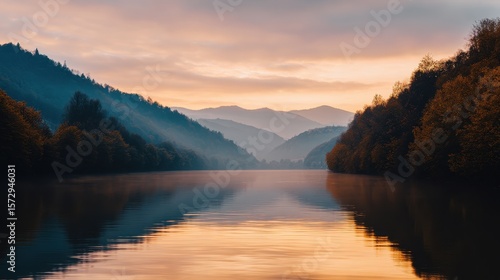 Serene sunset over a tranquil river, surrounded by misty mountains and autumn foliage