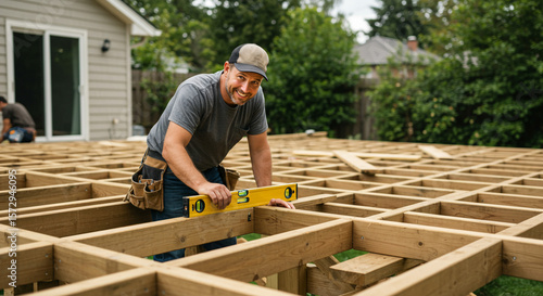 Worker uses circular saw to cut timber, building deck in backyard


