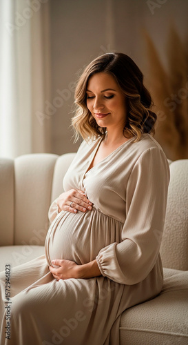 Pregnant Woman in Beige Dress Sitting on a Sofa
