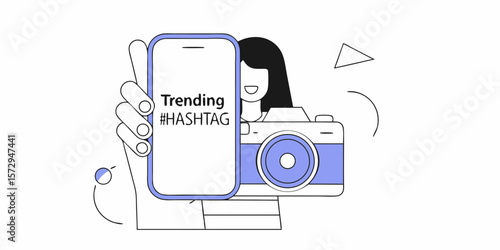 Social media girl with trending hashtag shown on a mobile phone with a retro camera, perfect for website design or branding.