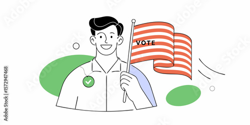 Cheerful man with flag and voting sticker promotes civic participation and democratic engagement on a clean graphic design.