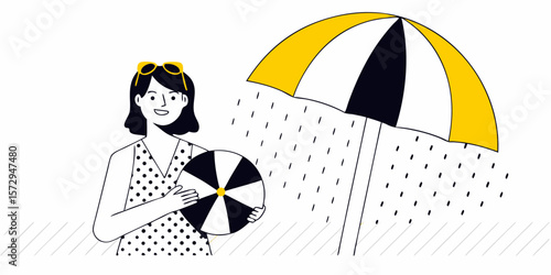 Smiling girl with beach ball under umbrella in rain graphic element for branding or marketing material highlighting weather themes.