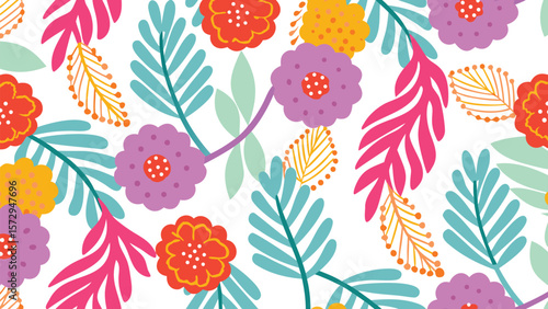 Vibrant floral pattern featuring colorful flowers and leaves scattered across a white background design