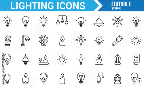 Set of Lighting Icons for Light Bulbs, Lamps, Chandeliers, and Energy Symbols

