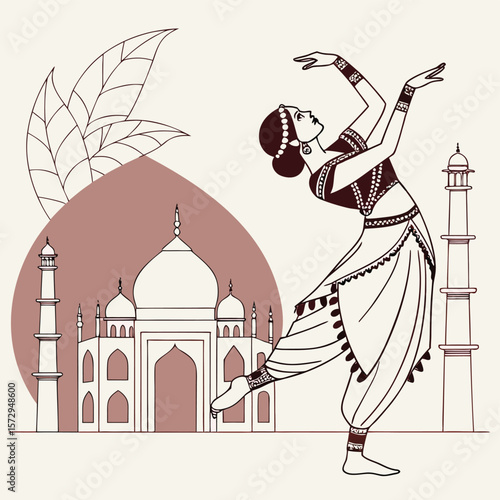 Indian dancer performing in front of the taj mahal with leaf and tower silhouettes in the background