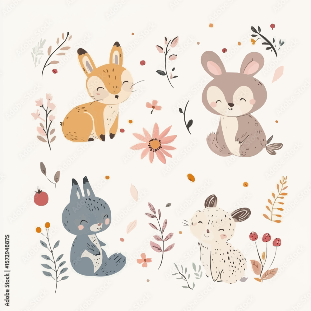 Fototapeta premium Charming woodland animals with autumn leaves, berries and flowers in soft pastel colors, perfect for seasonal packaging, nursery decor, greeting cards and cozy wall art