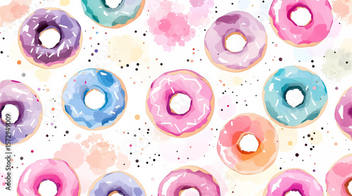 Watercolor background pattern donuts on white background
