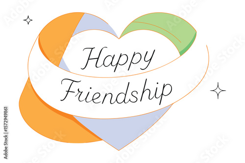 A stylized heart shape with a banner proclaiming happy friendship adorned with sparkling stars and colorful segments